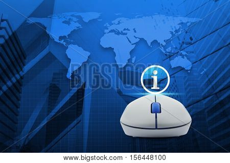 Wireless computer mouse with information sign icon over map and city tower Elements of this image furnished by NASA