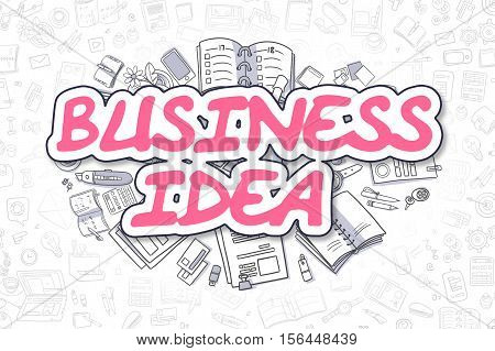 Business Idea - Sketch Business Illustration. Magenta Hand Drawn Text Business Idea Surrounded by Stationery. Doodle Design Elements.