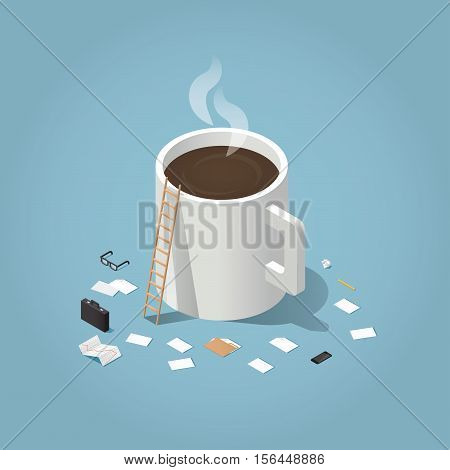 Isometric vector illustration of coffee break during working day concept. Big cup of hot coffee surrounded by small business man tools: paper document glasses case phone pen folder stock rates.