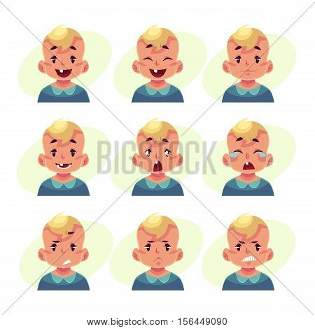 Little boy face expression, set of cartoon vector illustrations isolated on yellow background. Blond male kid emoji face icons, facial expressions, set of baby boy avatars with different emotions