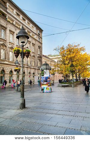 Belgrade, Serbia - November 2, 2014: The old street Skadarlija in Belgrade, people, yellow autumn trees