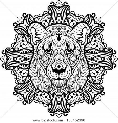 Totem coloring page for adults. Painted the Predatory lioness on the background tribal mandala patterns. Element for your design. Cards, bags, coloring for adults, t-shirts, tattoo. Line art design.