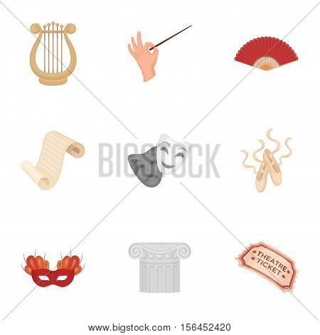 Theater set icons in cartoon style. Big collection of theater vector symbol stock