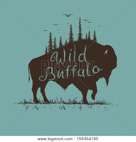 wild buffalo with forest on him.Abstract vector illustration