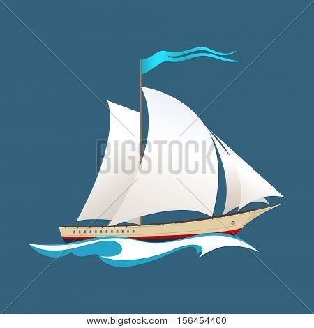 Yacht on the Waves, Sailing Vessel at Sea, Travel Concept , Vector Illustration