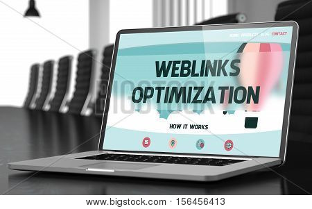 Weblinks Optimization on Landing Page of Mobile Computer Display in Modern Meeting Room Closeup View. Blurred. Toned Image. 3D Render.
