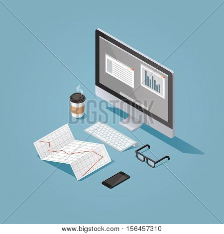 Vector isometric concept illustration of office work station. Desktop conputer glasses phone diagram keyboard cup of hot coffee finance stock infographic.