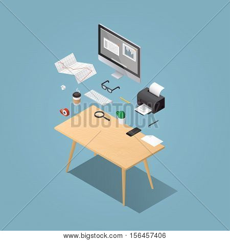 Office workplace vector isometric concept illustration. Work table composition: table book desktop printer diagram glasses papers coffee magnifier phone pen keyboard adhesive tape.