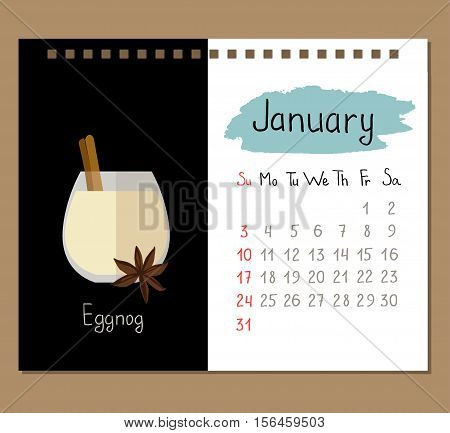 Vector calendar template for January with eggnog and spices.