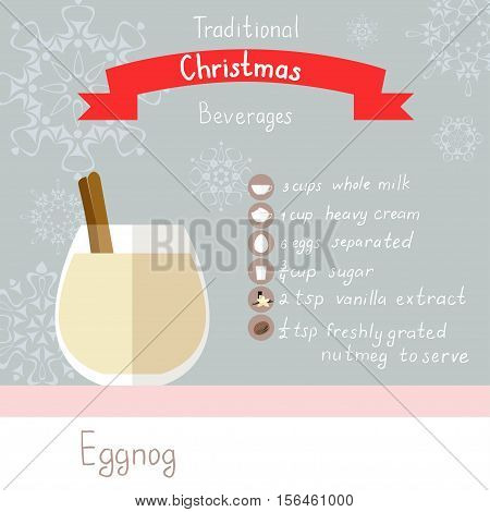Vector illustration of eggnog recipe. Flat icons