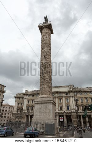 ROME, ITALY - JUNE 13, 2015: The Column of Marcus Aurelius in Piazza Colonna. Rome italy