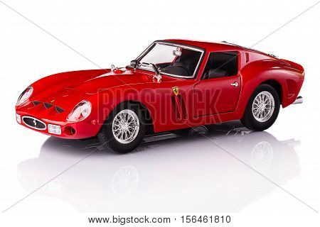 KRIVOY ROG, UKRAINE - OCT 29 - Toy Ferrari 250 GTO on background. Photo made in the studio, Saturday 29 October 2016
