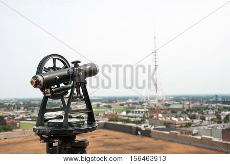 St. Louis, MO, USA - August 28, 2015. Old theodolite in the City Museum