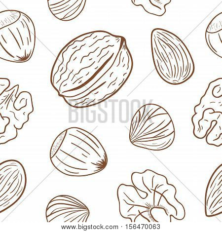Seamless pattern with assorted nuts: walnuts, almonds, hazelnuts. Whole and shelled nuts mix. Vector hand drawn seamless pattern for packaging, textile, interior, background and other designs.