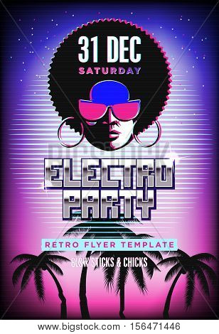 Electro party poster. Retro 80s neon background. Disco flyer template. Voman face. Tv glitch effect