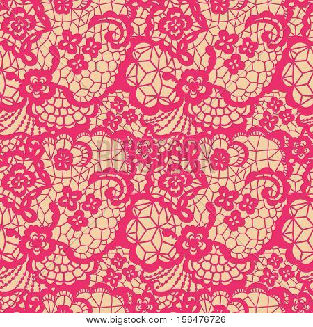 Pink lace seamless pattern with flowers on beige background