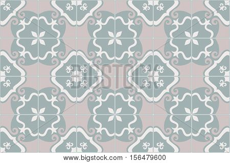Traditional ornate portuguese and brazilian tiles azulejos. Faded dingy worn colors azulejo tiles. Worn look. Vintage pattern. Abstract background. Vector illustration, eps10.