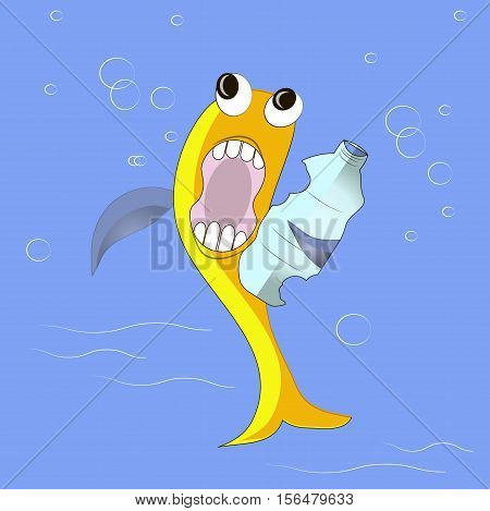 Yellow fish eating plastic bottle in blue ocean, rubbish pollution vector illustration