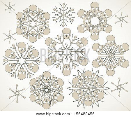 Set of vector snowflakes made of skulls and bones in beige isolated over white background.