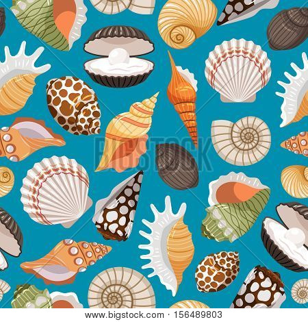 Sea travel and beach tourism background with sea shells seamless pattern. Vector illustration
