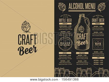 Beer menu placemat food restaurant brochure; template design. Vintage creative alcohol flyer with hand-drawn graphic.