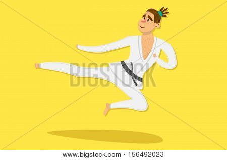 Cartoon karate man wearing kimono training. comic character on yellow background. Flat design