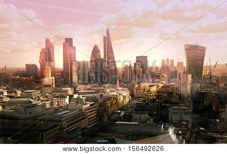 London view at sunset. View on business modern district