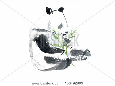 Postcard with panda and bamboo.Greeting card with animals.Watercolor hand drawn illustration.White background.