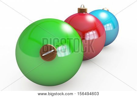 Multi-colored Christmas balls hanging on white. RGB colors. 3d render with HDR