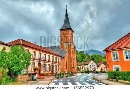 La Petite-Raon, the town hall and the Church of St. Sebastian and St. Quirinus - the Vosges Department, France