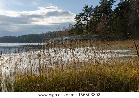 one lake in molndal with little ice on the water