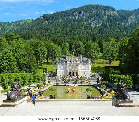 LINDERHOF GERMANY - JULY 8, 2016: Linderhof Palace is a Castle in southwest Bavaria near Garmisch Partenkirchen. The Castle built by King Ludwig II of Bavaria in 19th century.
