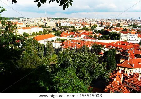 View of the city of Prague. walk around the city in the summer