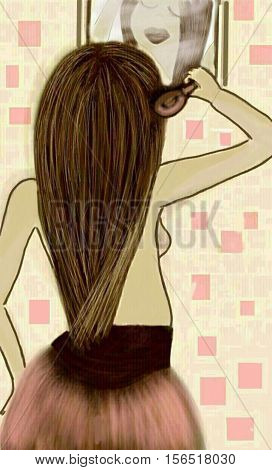 girl beautiful hair to comb the mirror