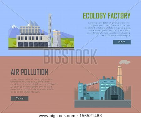 Ecology factory and air pollution banners. Factory building with pipes in flat. Factory building with pipes on nature mountain landscape. Power plant smokestacks emitting smoke over urban cityscape