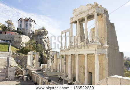 Ruins of ancent theater in town Plovdiv, Bulgaria