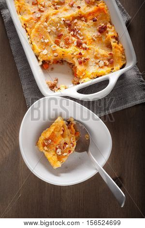 Parmentier of pumpkin and potatoes with beef.