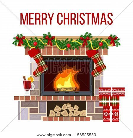 Blazing Christmas decorated fireplace. Cute and cozy burning hearth with wine glass, gifts, candlesticks, firewood, socks, fir garland. For postcards, greetings, prints, textile, background, banner