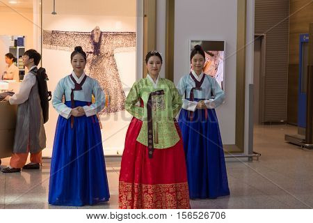 March 8 2016: South Korea International Airport Incheon . Korean national live performance in traditional cultural experience center located in the passenger terminal. Historical costume parade of the royal family of the Joseon Dynasty in escort. Preservi