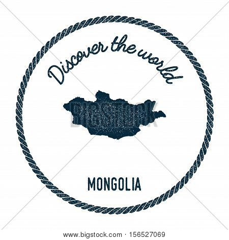 Vintage Discover The World Rubber Stamp With Mongolia Map. Hipster Style Nautical Postage Stamp, Wit