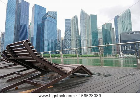 Sunbeds with scyscrapers view by the bay in Singapore