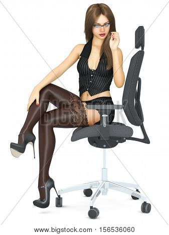 Long-haired brunette secretary in black stockings. Beautiful girl with glasses sitting office chair sexually explicit pose. Photorealistic 3D rendering isolate illustration.