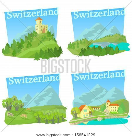 Switzerland travel concepts set. Cartoon illustration of 4 Switzerland travel vector concepts for web