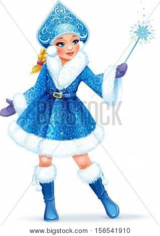 Vector illustration. Beautiful girl wearing short blue coat with white fur. Snow Maiden (Snegurochka) traditional Russian Christmas character on white background.