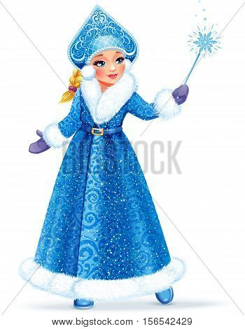 Vector illustration. Beautiful girl wearing long blue coat with white fur. Snow Maiden (Snegurochka) traditional Russian Christmas character on white background.