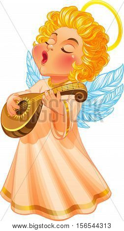 Vector Illustration. Cute Christmas Angel in a long light dress. He sings a song and playing lute. Isolated on white background