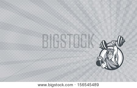 Business card showing Illustration of a berserker a champion Norse warrior wearing pelt of bear skin lifting barbell and kettlebell viewed from front set inside circle done in retro style.