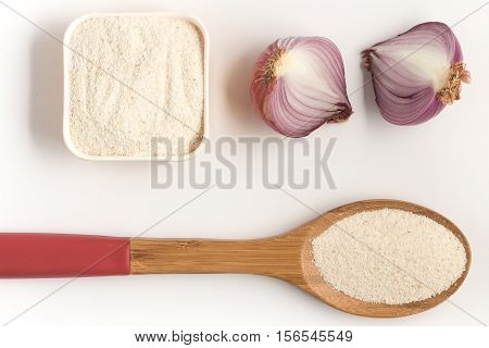Cooking Brazilian Farofa. Manioc Flour. Farinha de Mandioca on white background