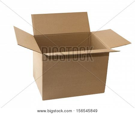 Opened cardboard box isolated on white background. Package