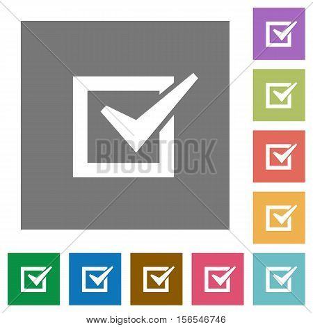Checked box flat icons on simple color square background.